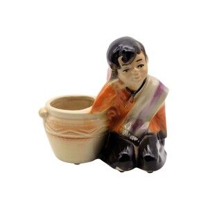 Vintage MCM Ceramic Boy w Pot Planter Mid Century Modern Figural Marked USA